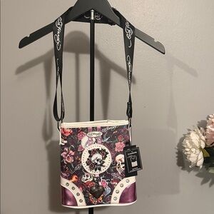 Ed Hardy Crossbody Bag with Skull and Floral Design - Black, Purple, and White